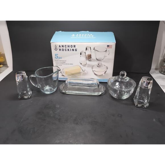 Anchor Hocking Clear 5 Piece Table Service, Savannah Shakers, Glass Serving Set - Picture 1 of 11